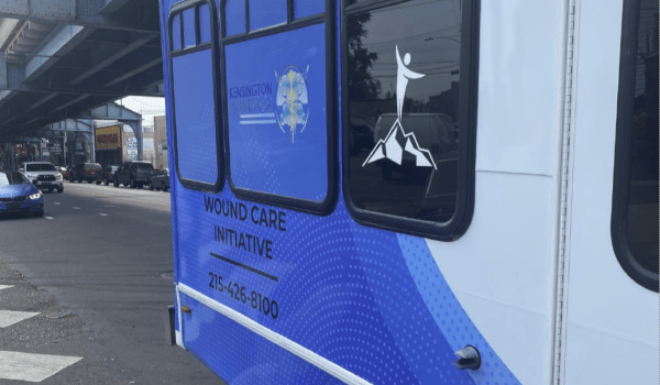 A close up of a window of a mobile wound care van in Philadelphia
